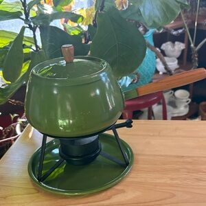 Mid-Century Modern Avocado Green Enamel Fondue Pot with Stand